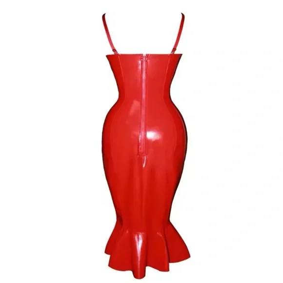 Fetish S-6XL plus size Red PVC leather strapless ruffle mermaid Dress CD sissy - Picture 7 of 8